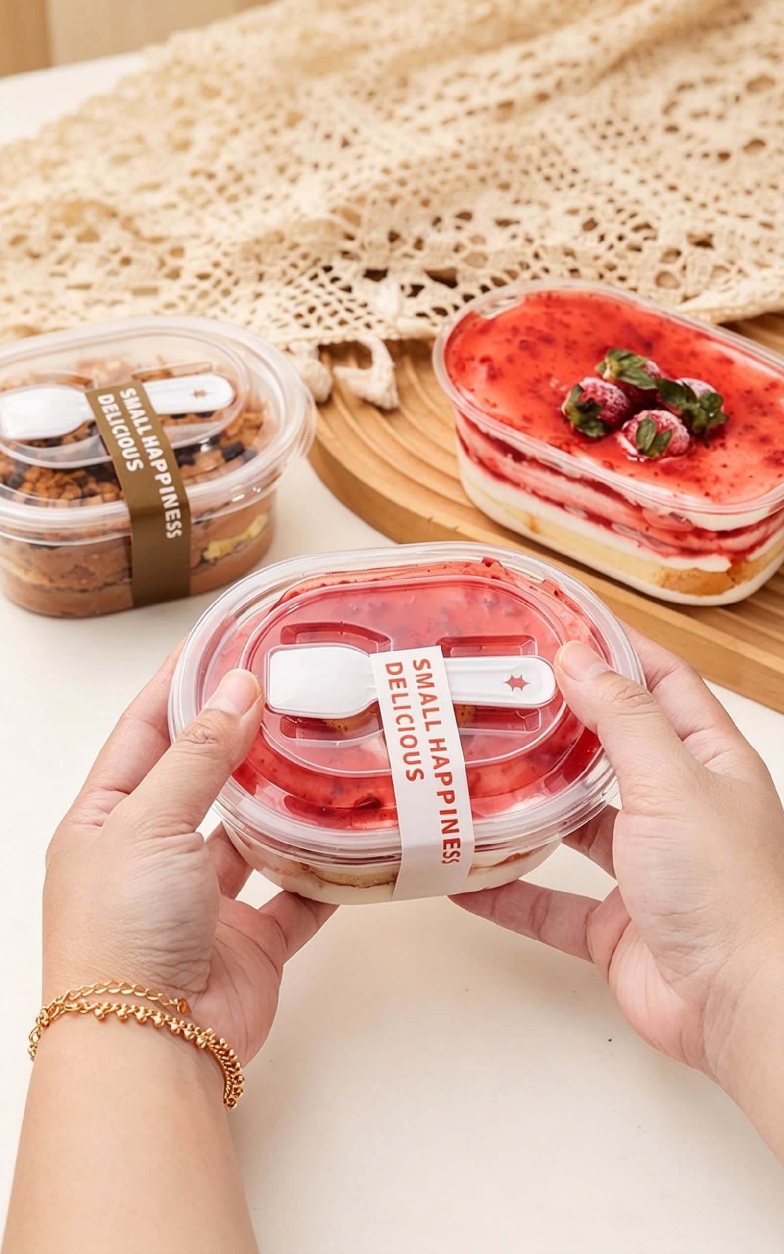 Oval tall dessert blister box with spoon